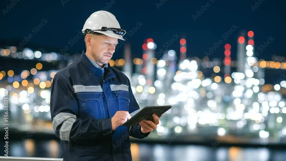 Poster backlit tablet reflects in engineer’s visor as he monitors digital twin of a sustainable refinery in