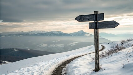Wooden directional signpost on a snow covered mountain path with a hazy valley and distant snow capped peaks