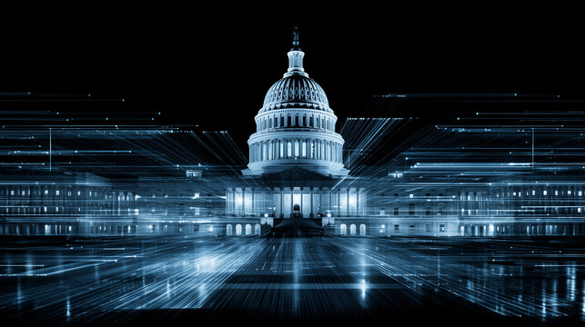 financial data, government building. A futuristic view of the Capitol building with blue data streams, symbolizing technology and governance at night. 

