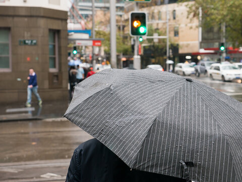 Pedestrians with umbrella wait at traffic lights on a rainy day
