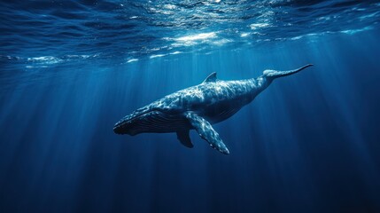 Naklejka premium Humpback whale swimming ocean deep, sun rays background, marine life documentary