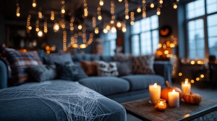 Warm, inviting living room decorated for Halloween with glowing candles, pumpkins, and soft lighting creating a festive atmosphere.