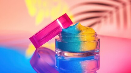 Exfoliating lip sugar scrub in a jar with bright summer color shades