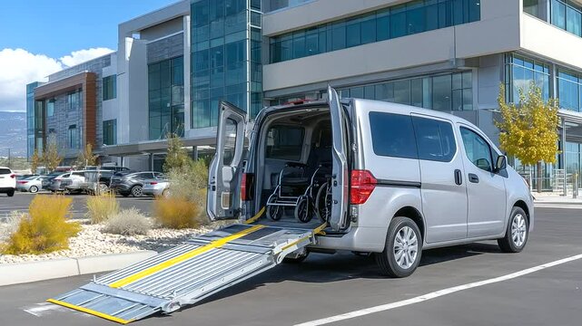 Accessible van in parking lot near medical center, back doors wide open, ramp extended to asphalt, showing vehicle readiness for patient transport and community support.