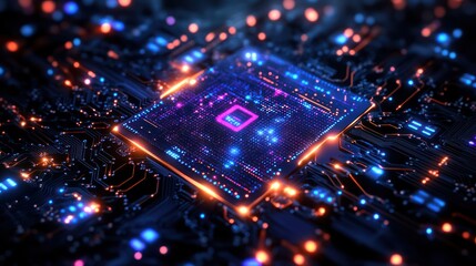 Fototapeta premium Glowing CPU on Circuit Board, Data Processing, Tech Background, Website Banner