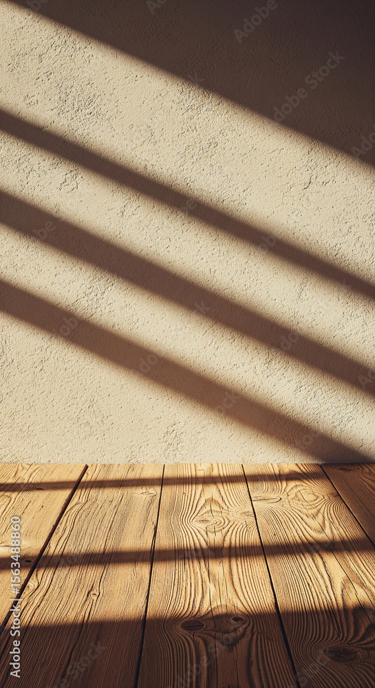 Poster beige textured wall with diagonal light shadows, showcasing a light brown wooden floor suitable as a