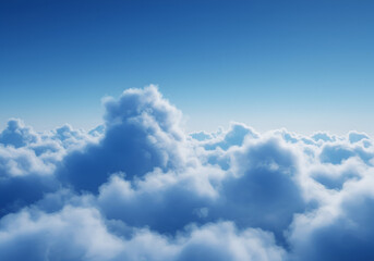 Cloud formations viewed from an airplane with vibrant blue sky above. Atmospheric view of fluffy clouds at high altitude.