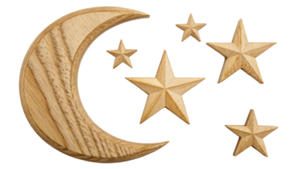 wooden moon and stars on white background