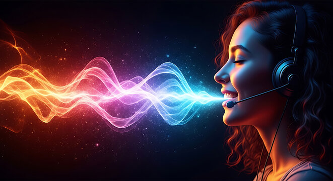 Beautiful woman singing with headphones and colorful sound waves visualizing voice - Powered by Adobe