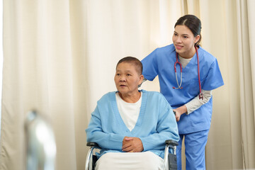 Physiotherapist stands behind elderly patient in wheelchair, offering attentive assistance and...