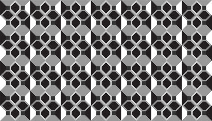 Elegant black and white abstract pattern featuring repeating diamonds and hexagons with a tiled symmetry