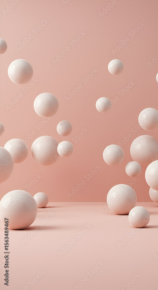 Poster elegant arrangement of multiple floating white spheres on a pastel pink background. abstract display