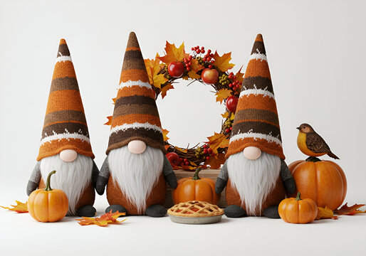 Autumnal gnomes in autumnal attire with a decorative wreath and fall produce. Three gnomes are standing, facing forward, with pumpkins and pie in the foreground.