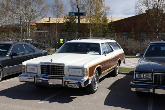 Ford LTD COUNTRY SQUIRE 1978 at the retro car exhibition in Lahti, Finland, May 6, 2023. Classic Motor Show