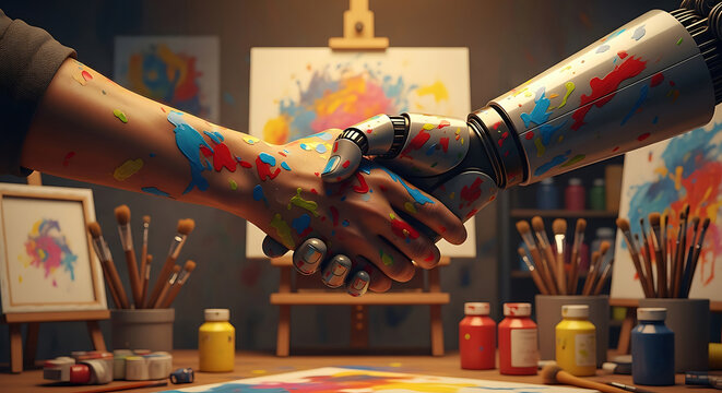 Human and robot artistic collaboration handshake in a colorful painting studio environment