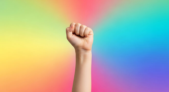 Human hand with a raised fist representing strength and unity on a rainbow background