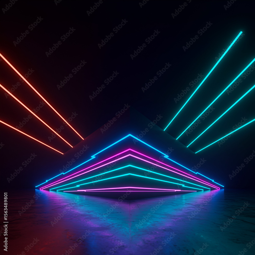 Aufkleber neon glowing architectural structure with vibrant colors in a dark space. abstract geometric shapes 