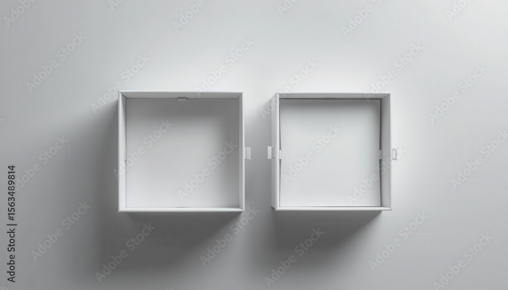 Poster minimalist presentation of two open white square boxes on a plain background