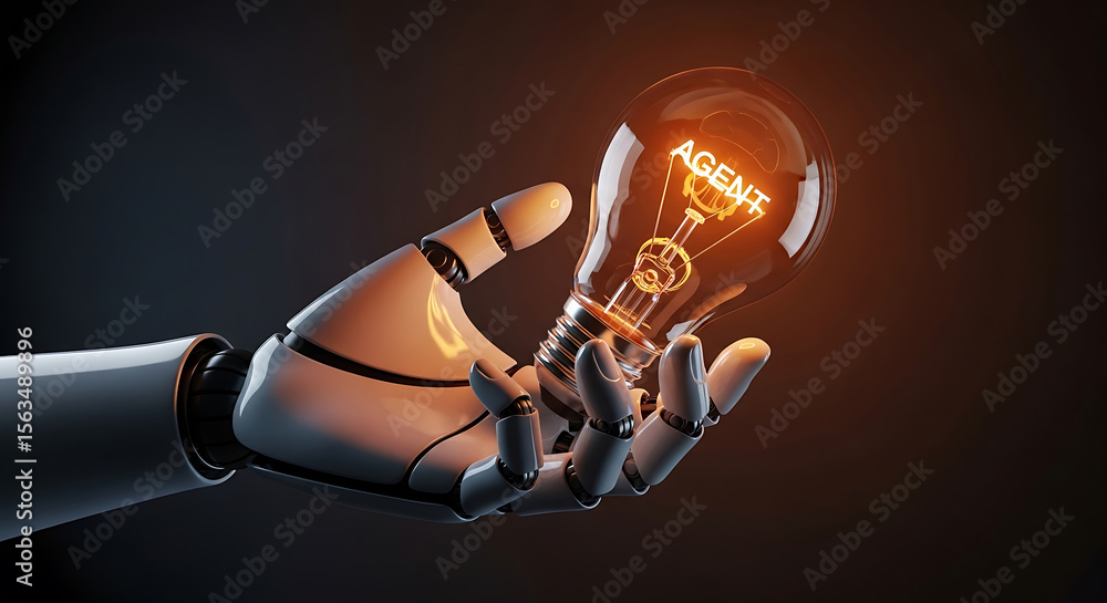 Poster robotic hand holding a glowing lightbulb symbolizing artificial intelligence agent concept