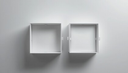 Minimalist presentation of two open white square boxes on a plain background