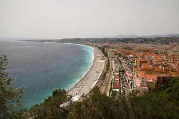 View from above on the embankment of Nice. The Cote d'Azur on the Mediterranean Sea. French resort