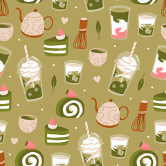 Green Matcha Tea - Seamless Illustrated Pattern