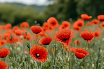 Obraz premium A lush field of red poppies in full bloom, with green hills and forests in the background, showcasing the beauty of a mountain meadow in springtime