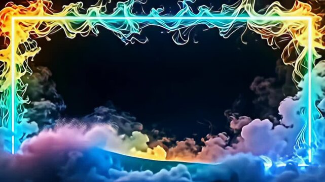 Suspended in the nothingness, the fiery smoke Border Frame flickering in dark void radiates a mesmerizing play of light, cradled by a rainbow of colors flowing and ebbing like a gentle tide,