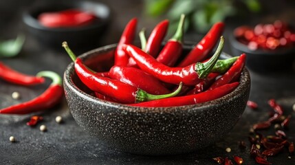 Red chili peppers bowl, kitchen table, cooking, spicy food, recipe background