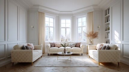 Bright, elegant living room featuring plush sofas, large windows, and natural decor, creating a comfortable and stylish setting.
