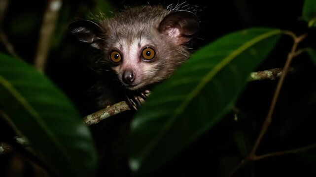 Rare Aye-aye Lemur In Night Jungle.
Close-up footage of an aye-aye lemur peeking through jungle leaves at night with glowing eyes.
