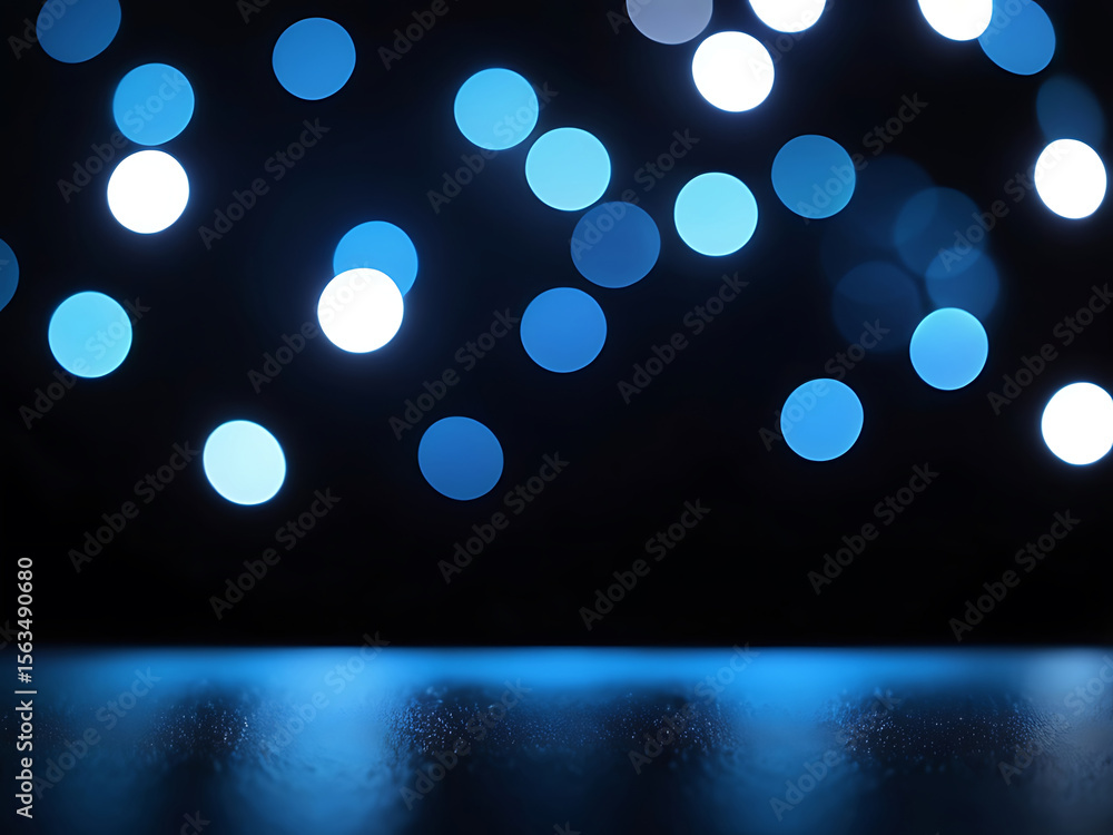 Poster abstract blue and white glowing bokeh lights scattered across a dark background with soft texture, s