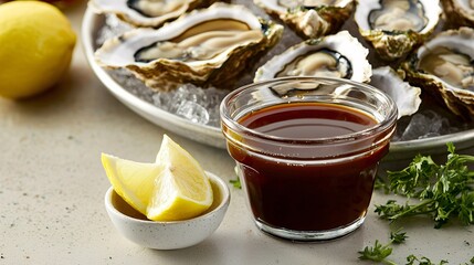 Worcestershire sauce served in a small dish beside a platter of oysters on ice, with lemon wedges and a sprinkle of fresh herbs.