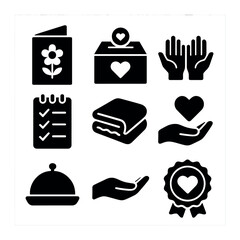 Gratitude and Giving Icons. Solid, filled icons set of gratitude and giving traditions: thank you card,