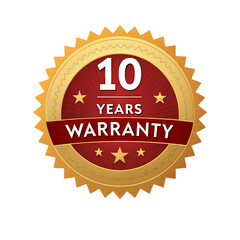 Gold and red 10 years warranty seal with stars isolated on transparent background