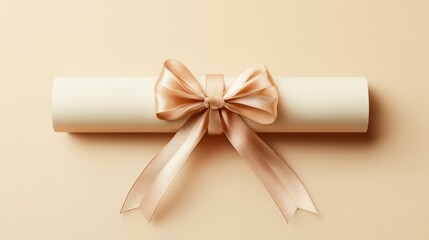 Rolled document tied with ribbon on beige background