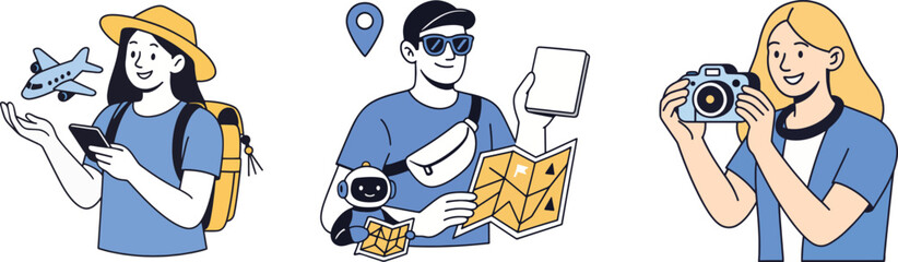 Travelers with Technology Vector Illustration Isolated on White Background.