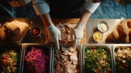 Chef wearing gloves assembles a sandwich using fresh vegetables, meats, and sauces at a deli counter, showcasing culinary preparation.