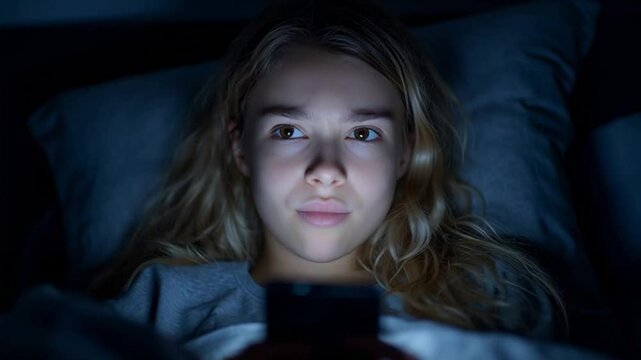 teen girl lying in bed at night, face lit only by phone screen, blank expression