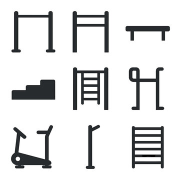 Park Equipment Icons. Solid, filled icons set of park exercise equipment: pull-up bar, parallel bars, balance