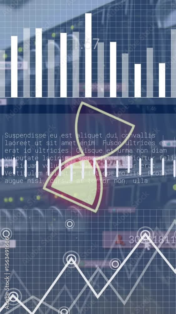 Poster animation of interface with data processing and spinning hour glass over close up of computer server