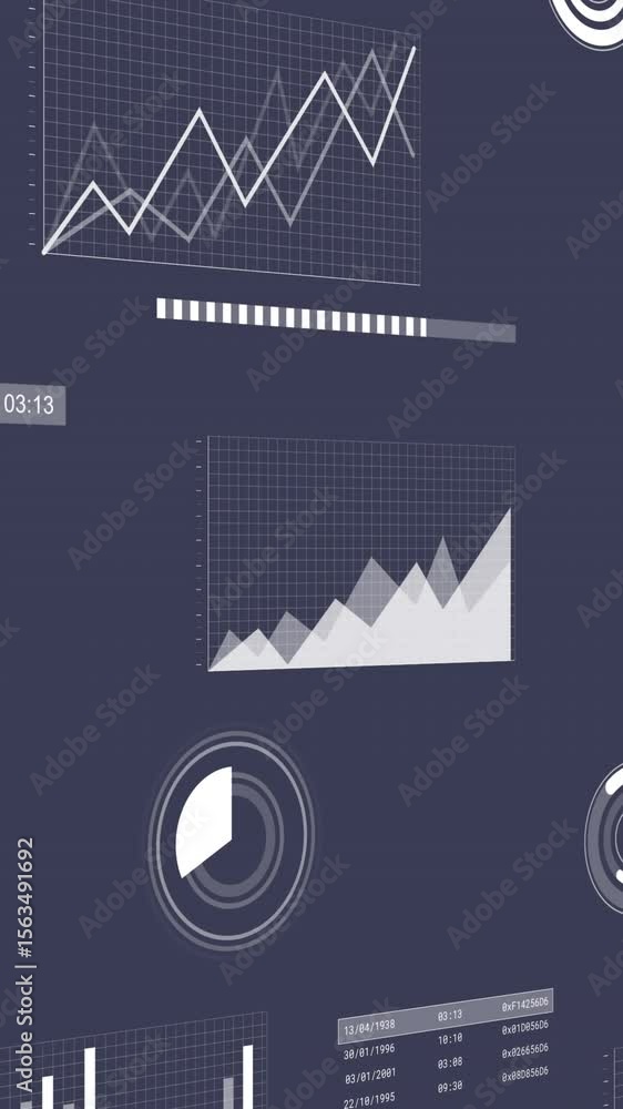 Poster animation of interface with statistical data processing against blue background