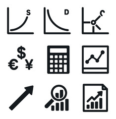 Obraz premium Economic Icons Grid. Solid, filled icons set of economic modeling concepts: supply curve, demand curve,