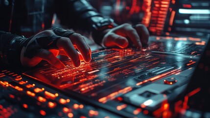 Cyberpunk hacker manipulating futuristic console, red-lit lab, data streams
