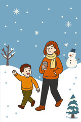 Naklejka premium Mother and Son Walking on a Snowy Day