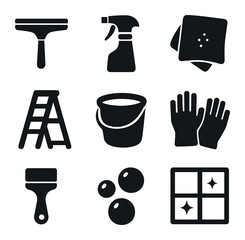 Obraz premium Window Cleaning Icons. Solid, filled icons set of cleaning windows: squeegee, spray bottle, cleaning cloth,