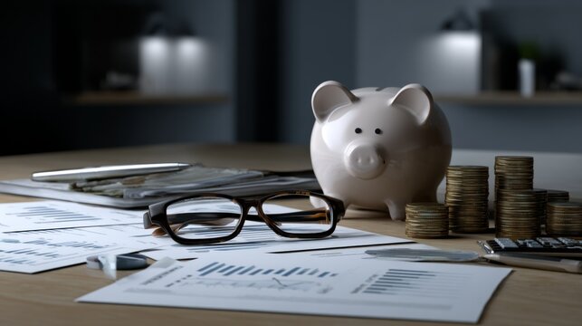 Piggy bank eyeglasses financial documents and stacked coins on a desk savings