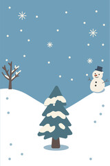 Snowy Tree and Snowman in Winter Landscape

