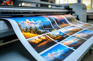Large format printer producing vibrant, high-resolution landscape photo prints with vivid colors and detailed imagery.