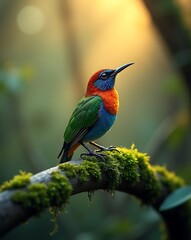 Fototapeta premium Crimson-Headed Blue-Throated Bird on Mossy Perch